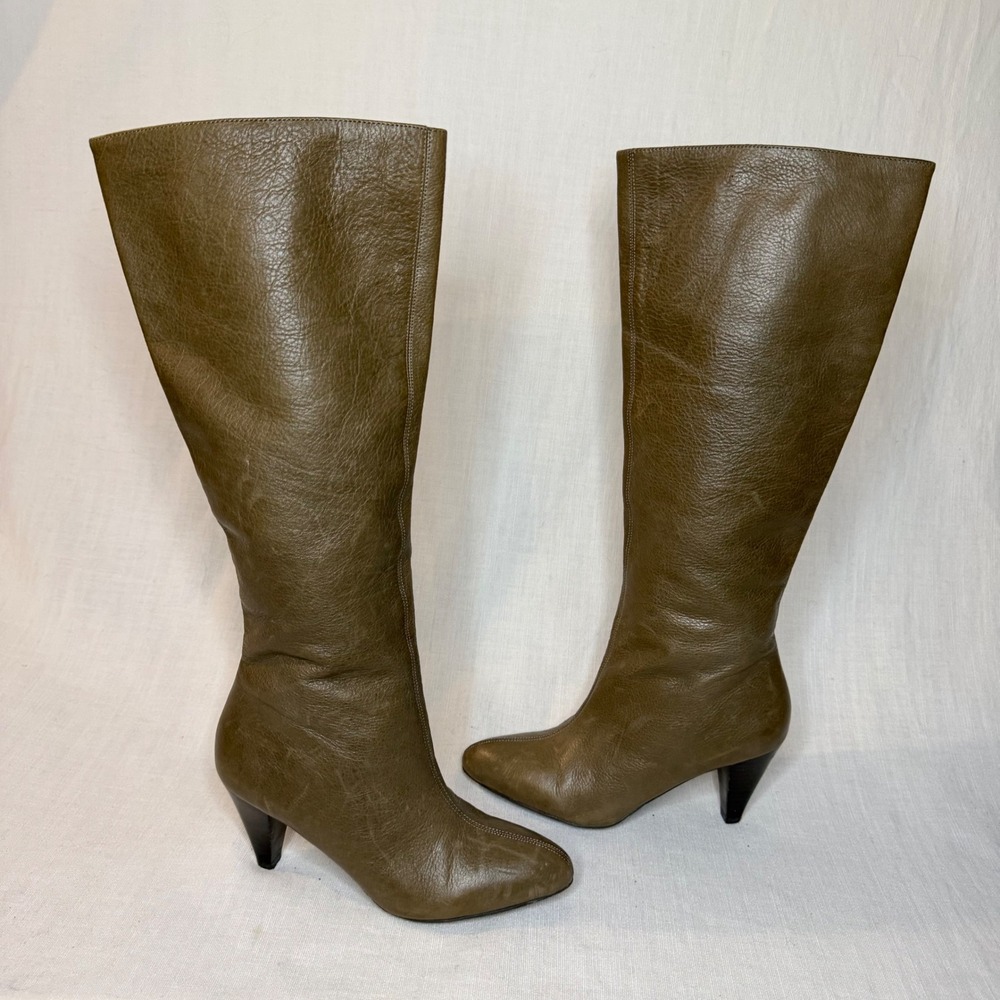 Vintage Y2K Banana Republic Womens Olive Leather Pointed Toe Cone Heel Boots 5M